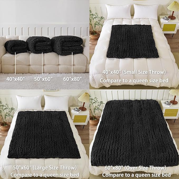 WESHIONGOO Chunky Knit Blanket Throw 40"*40" Knitted Throw Blankets for Couch Bed Fluffy Soft Blanket with Jumbo Chenille Yarn Thick 100% Handmade(Black)-Ruum Studio Home
