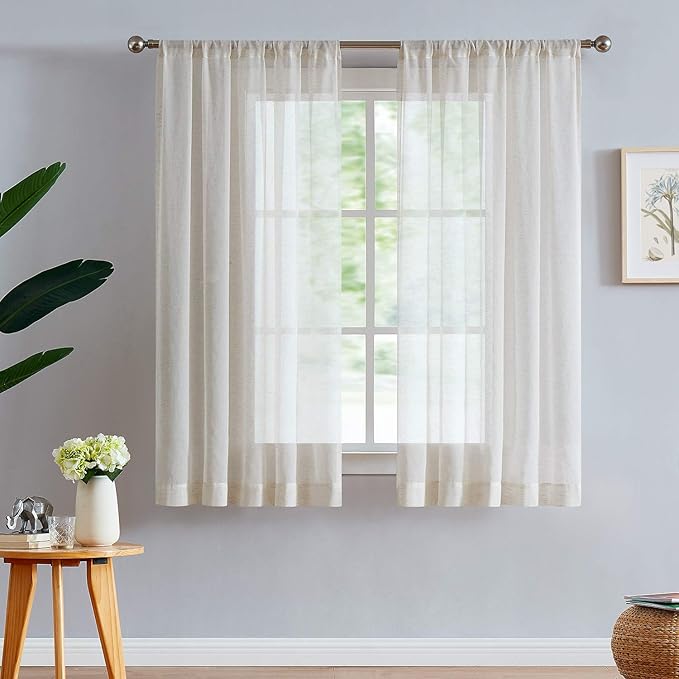FMFUNCTEX Linen Sheer Curtains for Bedroom, Beige Curtains 45 inches Long for Living Room, Natural Flax Blend Window Draperies for Farmhouse Curtain, Rod Pocket 2 Panels-Ruum Studio Home