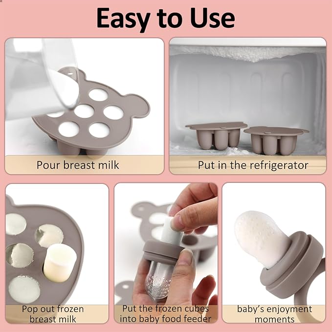 JEXFUN Silicone Baby Fruit Food Feeder Pacifier & Breastmilk Popsicle Freezer Molds, Double as Baby Teething Toys, Freezable Feeding Set for Breast Milk Ice Cubes, Food, Vegetable Purees - (Sand)-Ruum Studio Home