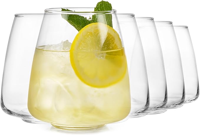 Libbey Stackable Stemless Wine Glasses Set of 6, Tapered Bulb Shaped All Purpose Wine Glass Set, Dishwasher Safe Glass Wine Glasses, Cocktail-Ruum Studio Home