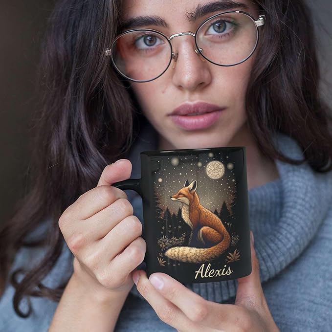 Animal Lover Mug with Custom Name, Nature Inspired Coffee Mug 11oz or 15oz, Personalized Cute Fox Ceramic Cup, Unique Animal Art Black Coffee Cup, Gifts for Friends, Family-Ruum Studio Home