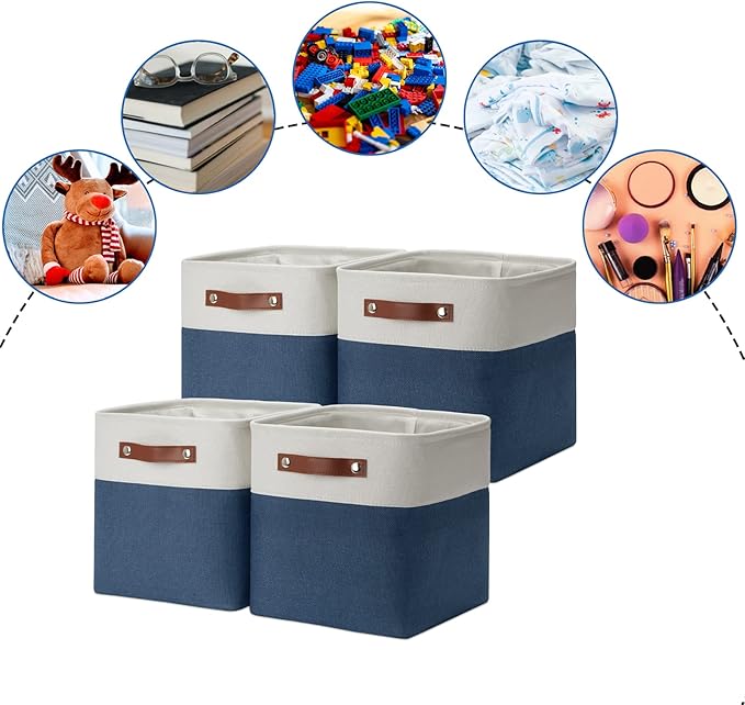 DULLEMELO [Set of 4 Storage Cubes Baskets for Organizing, 11 x 11 x 11 inch Cube Storage Organizer Bins with Leather Handles, Foldable Fabric Cloth Bins for Cube Storage(4 Pack - 11" White&Blue)-Ruum Studio Home