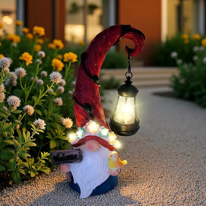 Solar Outdoor Figurine Lights Gnome Garden Decor Statue with LED Flowers & Lantern, Glowing Fairy Yard Decorations for Outside Patio Yard Front Porch, Housewarming Home Decor Gifts Thanksgiving-Ruum Studio Home