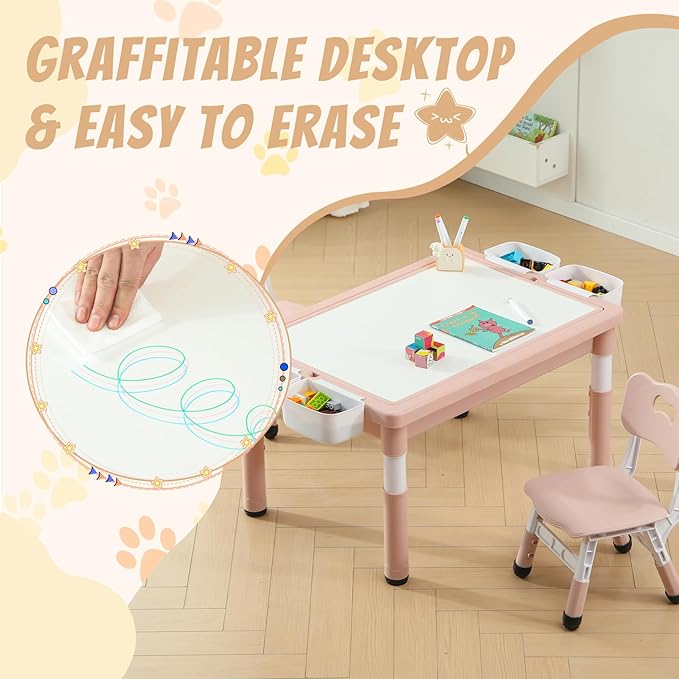 Multi Functional Kids Table and 2 Chairs Set, Graffiti & Building Blocks Double-Sided Tabletop, Toddler Play Table with Drawers, Large Storage Space, Gift for Boys/Girls, Pink-Ruum Studio Home