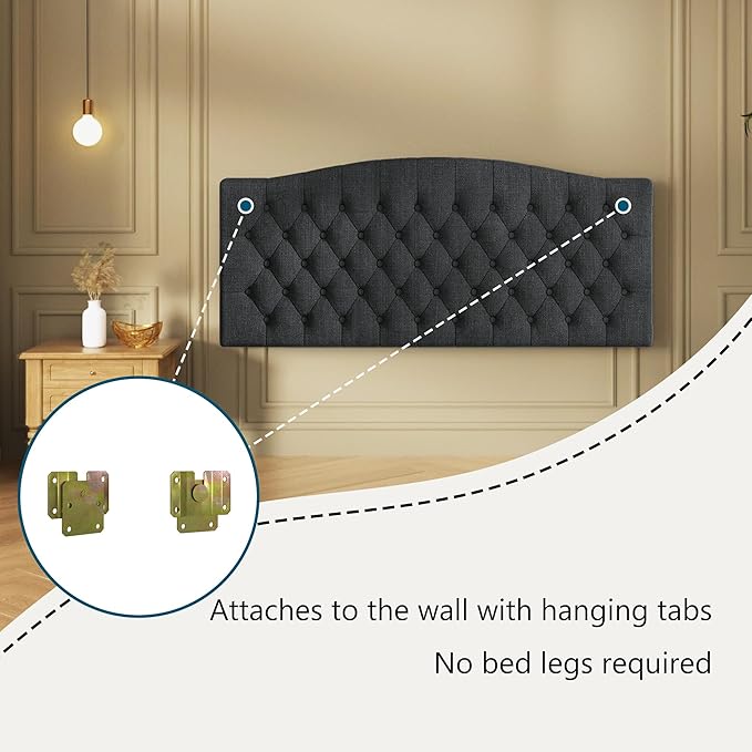 Linen Upholstered Headboard Queen/Full Size Latest Model Wall Mount, Bed Frame Mount, Featuring High-Density Sponge Padding, Luxury Texture Easy Assembly Comfort and Style-Dark Gray-Ruum Studio Home