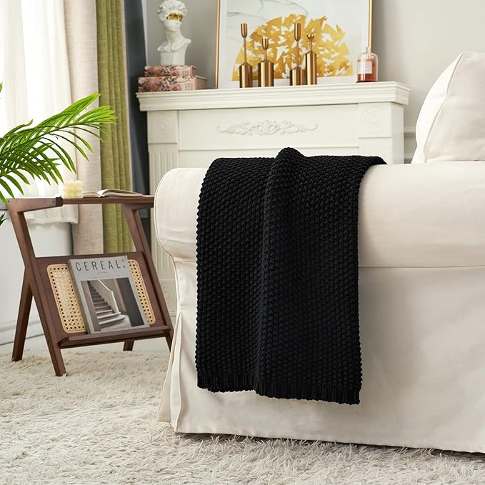 Longhui bedding Chunky Cable Knit Throw Blanket Lightweight Black 100% Organic Cotton Blanket for Sofa Couch Bed Baby Nursery, Rustic Shabby Chic Modern Farmhouse, 60” x 80” Give Laundering Bag-Ruum Studio Home