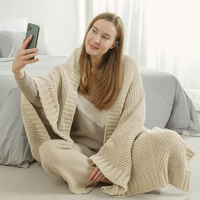 Amélie Home Chenille Knit Throw Blanket for Couch, Chevron Texture Decorative Soft Blanket for Sofa, Bed & Chair, 60"x80", Beige-Ruum Studio Home