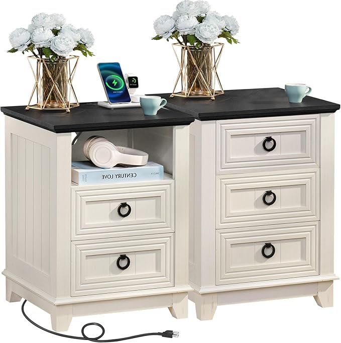 18" Farmhouse Night Stands Set of 2 with Charging Station, 2 & 3 Drawers End Table Dresser for Bedroom, White Wooden Nightstand, Bed Side Table with Open Shelf, Bedside Cabinet for Living Room-Ruum Studio Home