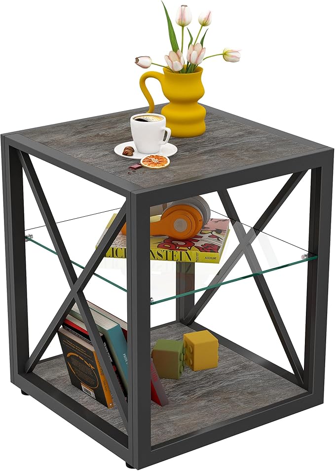 Farmhouse End Table, Modern Side Table with 3-Tier Storage Shelf, Square Rustic Nightstand, Accent Tea Table, for Bedroom Office Living Room, Grey, Natural Wood, Glass, Metal-Ruum Studio Home