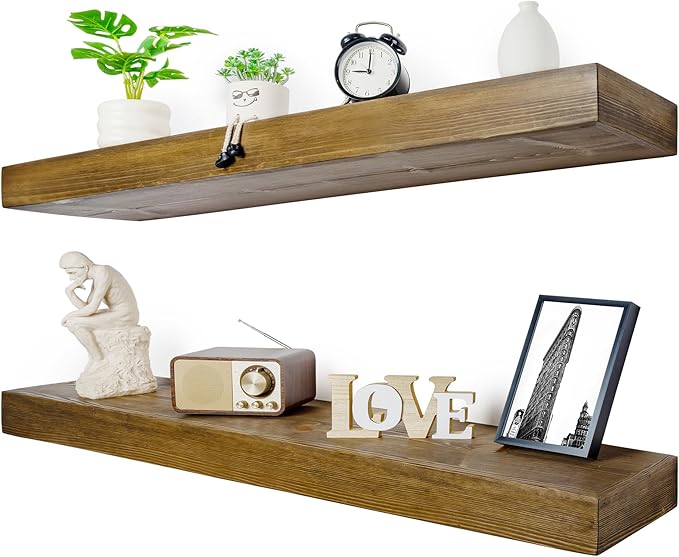 Floating Shelves 3 inch Thick for Wall Set of 2,Solid Pine Wood Wall Mount Shelf for Kitchen Living Room Bedroom Bathroom,8" D x 60" L x 3" H-Black Walnut-Ruum Studio Home