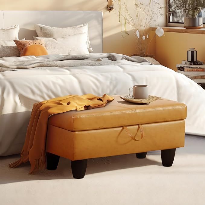 Ottoman Rectangular Storage Ottoman Bench, Faux Leather Footrest, Coffee Table, Stool Footstool with Hinged Lid for Living Room, Bedroom, Entryway, Orange, 28.5"x19"x17.5"-Ruum Studio Home