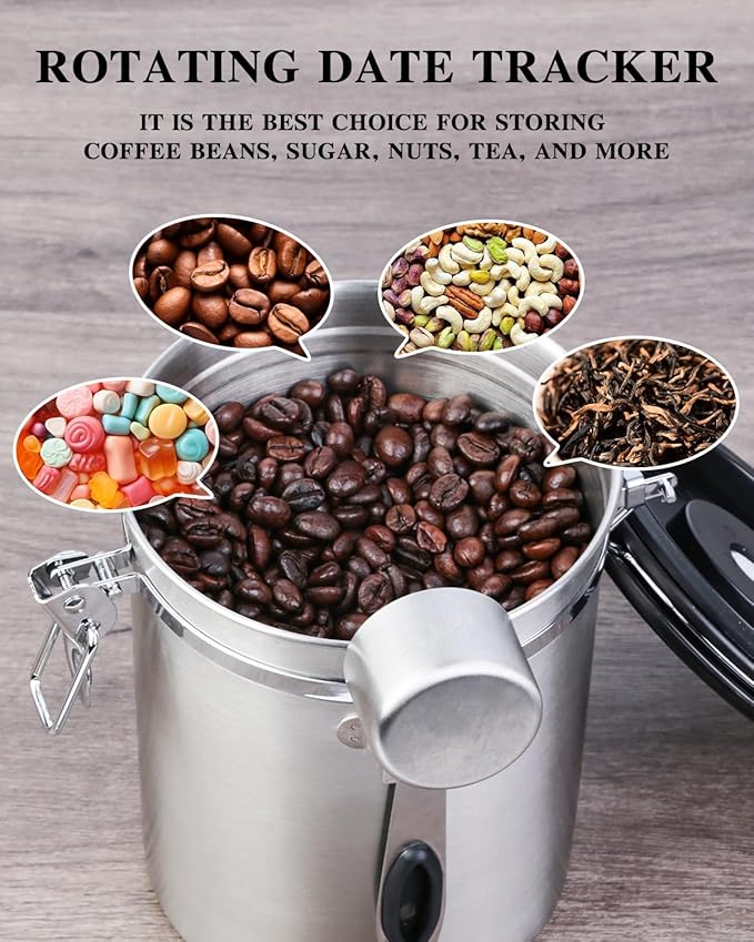 Coffee Canister Airtight Storage Container Stainless Steel Air Tight Coffee Jar with Scoop, Date Tracker CO2 Release Valve for Dry Food, Beans, Ground, Tea, Flour, Cereal and Sugar (1.8L-Silver-2pcs)-Ruum Studio Home