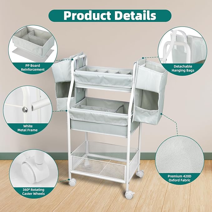 Moteph Rolling Utility Cart with Side Storage - Diaper Organizer, Nursery Essentials, and Craft Organizer (with_Side_Storage)-Ruum Studio Home