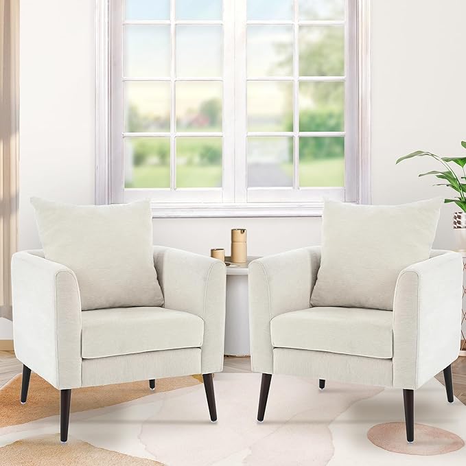 Barrel Accent Chair Set of 2 with Back Pillow, Large Upholstered Armchair with Solid Wood Legs Modern Reading Chairs for Living Room Bedroom-Ruum Studio Home
