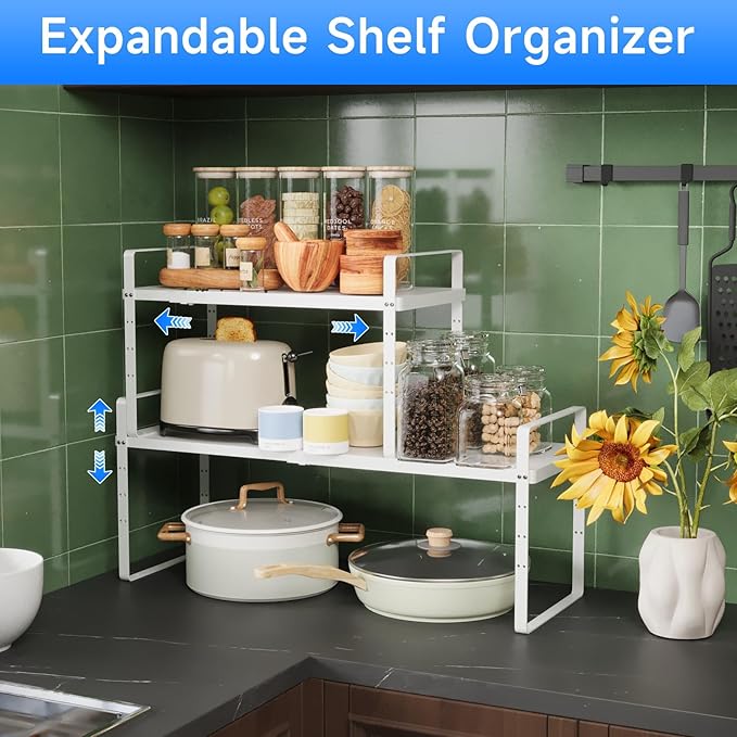 Expandable Cabinet Shelf Organizer, Stackable Kitchen Pantry Counter Storage, Adjustable Closet Cupboard Stand Rack Risers Spice Organization 80LBS Heavy Duty White 3 Pack-Ruum Studio Home
