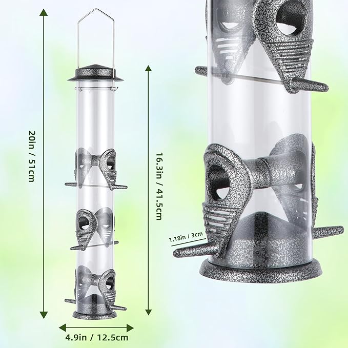 MIXXIDEA 1PK Metal Bird Feeders with 6 Feeding Ports,Tube Bird Feeder with Steel Hanger,Hard Plastic Wild Bird Feeder for Outdoors Hanging, Attracting Birds in Your Lawn, Garden, Balcony-Grey-Ruum Studio Home