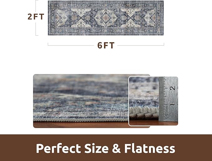 AMOAMI-2X6 Runner Rug-Washable Runners for Hallways-Soft Non Slip Bedside Rugs for Bedroom-Vintage Long Rug for Hallways Entryway Laundry Room Stair Kitchen Bathroom Blue-Ruum Studio Home
