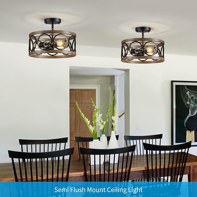 XINGQI Black Ceiling Light Adjustable Height Chandelier Modern Farmhouse Pendant Lighting Fixture Wood Grain Metal 13" Rustic Round Lights for Dining Room Kitchen Bedroom Entryway-Ruum Studio Home