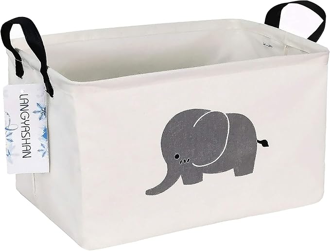 LANGYASHAN Rectangular Storage Bin Collapse Canvas Fabric Cartoon Storage Basket with Handles for Organizing Home Kitchen Boys and Girls Toys Office Closet Shelf Baskets (REC Elephant)-Ruum Studio Home