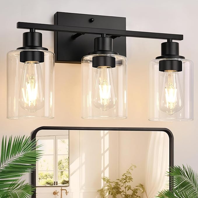 3 Light Bathroom Light Fixtures, Matte Black Modern Vanity Lights with Clear Glass Shade, Bathroom Wall Lamp for Mirror Kitchen Living Room Hallway Cabinet Porch-Ruum Studio Home