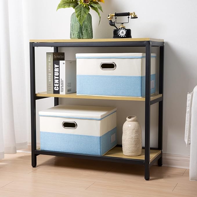 PRANDOM Large Foldable Storage Boxes with Lids [3-Pack] Fabric Collapsible Storage Bins Organizer Containers Baskets Cube with Cover for Home Bedroom Closet Office Nursery Blue&Cream(17.7x11.8x11.8)-Ruum Studio Home