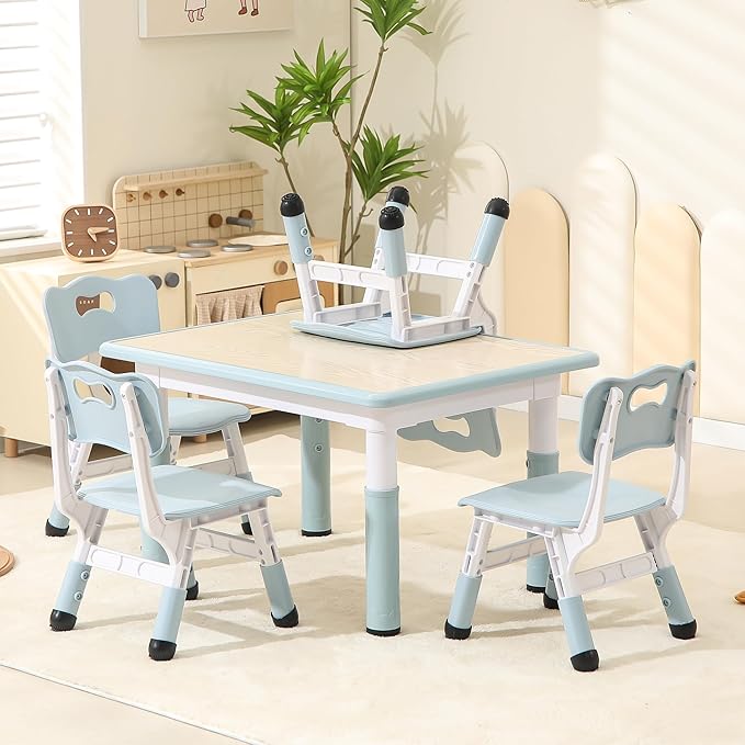 Height-Adjustable Kids Table and Chairs, 31.5''L x 23.6''W Toddler Table and 4 Chairs Set with Anti-Slip Foot Covers, Children Activity Table for Ages 2-10, Graffiti Desktop-Ruum Studio Home