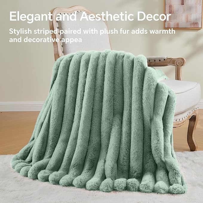 BEDELITE Faux Rabbit Fur Blanket, Luxurious 3D Striped Spring Blanket for Decor & Gift, Soft and Warm Plush Fluffy Faux Fur Throw Blanket All Seasons Suitable, (Sage Green, 60"x 80")-Ruum Studio Home