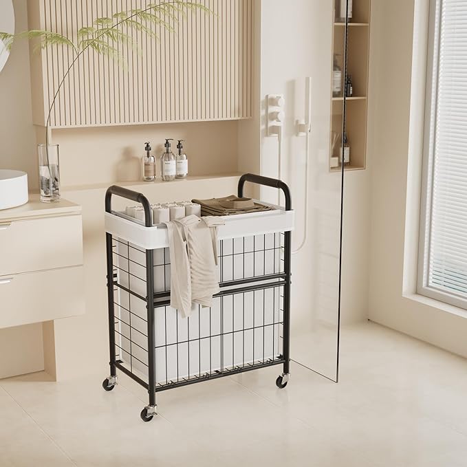 Laundry Hamper 2 Section, 110L Rolling Laundry Sorter Basket with Wheels, 2 Compartment Clothes Organizer Cart, Pull-Out Removable Bags for Laundry Room, Bathroom, Bedroom, White-Ruum Studio Home