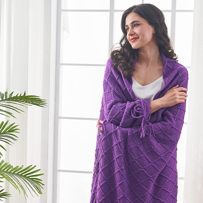 inhand Valentine's Day Gifts Throw Blanket Purple for Couch, Soft Living Room Home Decor Knitted Blanket, Outdoor Lightweight Breathable Summer Blanket, Farmhouse Warm Woven Decorative,50"x60"-Ruum Studio Home
