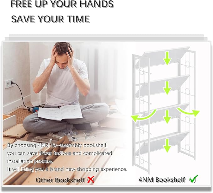 4NM No Assembly 4 Tiers Folding Bookshelf, 47.2" H Foldable Storage Shelves Vintage Bookcase Standing Racks Study Organizer Home Office - All White-Ruum Studio Home