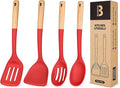 Silicone Cooking Utensils Set, Perfectly Angled for Frying, Mixing,Serving,Draining,Turning and Stirring, BPA-Free Matte Silicone, Wood Handles, Safe for Nonstick Cooking Surfaces,4 Pack (Red)-Ruum Studio Home