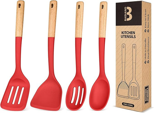 Silicone Cooking Utensils Set, Perfectly Angled for Frying, Mixing,Serving,Draining,Turning and Stirring, BPA-Free Matte Silicone, Wood Handles, Safe for Nonstick Cooking Surfaces,4 Pack (Red)-Ruum Studio Home