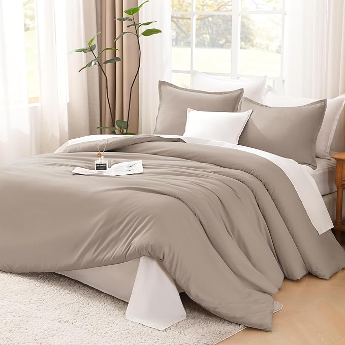 Litanika Light Coffee Comforter King Size, 3 Pieces Lightweight Solid Bedding Comforter Set, All Season Fluffy Bed Set (104x90In Comforter & 2 Pillowcases)-Ruum Studio Home