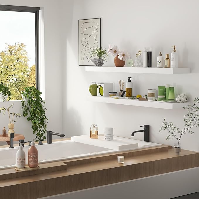 White Floating Wood Shelves for Wall 48 Inch, 8 in Deep Pine Shelf Floating Home Decor, Heavy Duty Shelf Hold 100 lbs, Wall Shelves for Bathroom Living Room Kitchen Bedroom Office Book, Set of 2-Ruum Studio Home