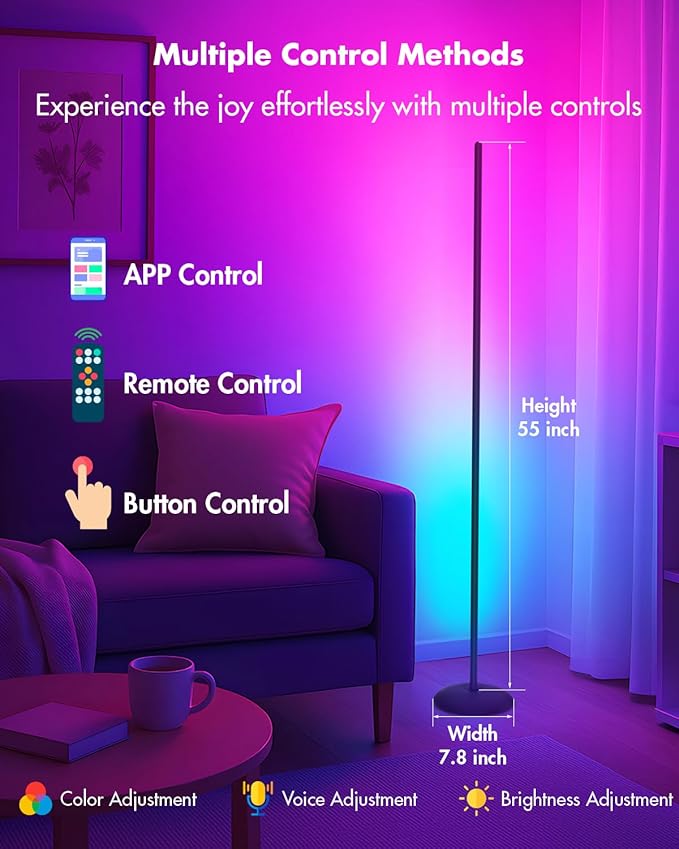 Corner Floor Lamp, Smart RGB LED Corner Lamp with App & Remote, Modern Floor Lamp with 16 Million Colors, Music Sync, Scene Modes, Color Changing Standing Lamps for Living Room, Bedroom-Ruum Studio Home