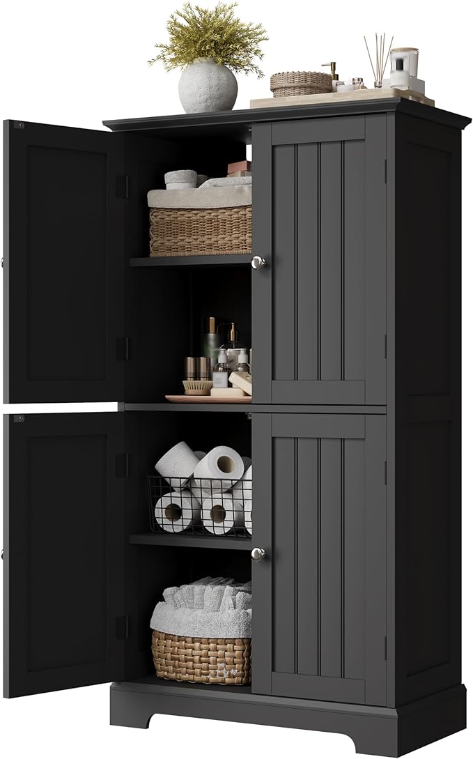 ChooChoo Bathroom Floor Cabinet, Modern Bathroom Storage Cabinet with 4 Doors and Adjustable Shelves, Freestanding Cupboard for Living Room, Black-Ruum Studio Home
