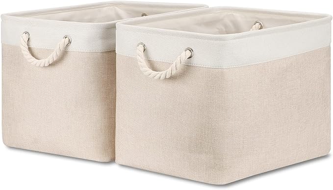 Bidtakay Beige Storage Basket Large Fabric Cloth Baskets [2-Pack] Tall Rectangular Shelf Baskets 16X11.8X11.8 in Canvas Collapsible Storage Bins with Handles for Organizing Living Room(White&Beige)-Ruum Studio Home