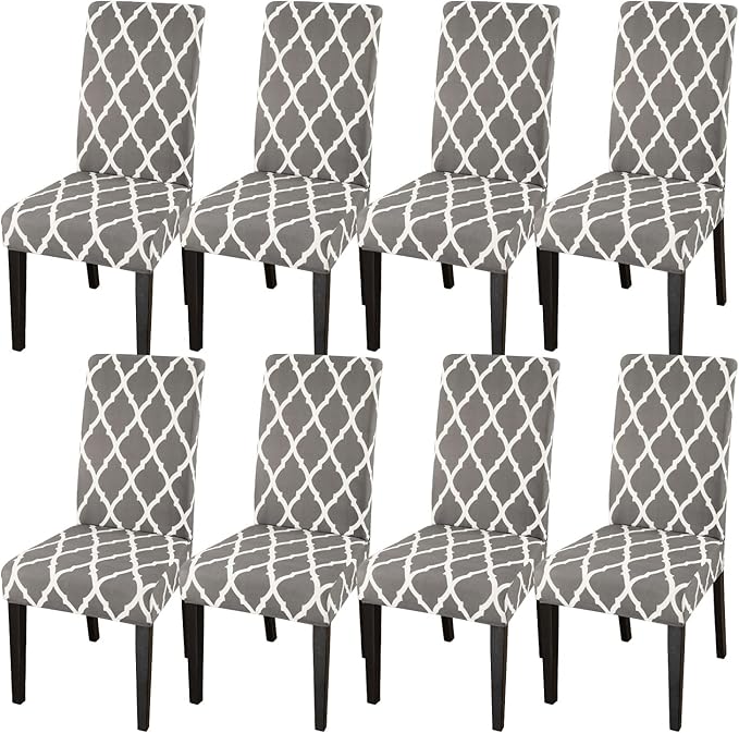 JQinHome Dining Room Chair Covers Set of 8, High Stretch Chair Slipcover Removable Washable Chair Seat Protector Cover for Home Party Hotel Wedding Ceremony (Grey White)-Ruum Studio Home