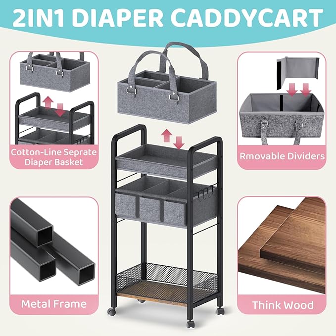 2IN1 Baby Diaper Caddy Organizer-3 Tier Rolling Storage Cart with Dividers - Bedside Diaper Caddy Cart for Baby Nursery Newborn Essentials-Mobile Utility Carts with Wheels for Changing Table-Ruum Studio Home