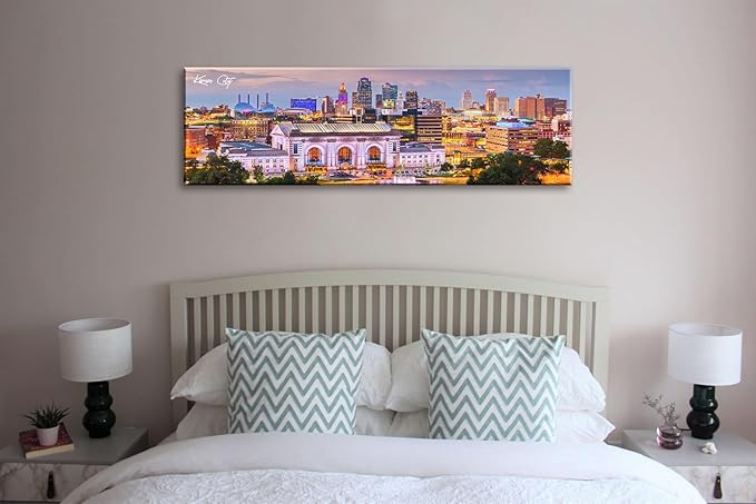 Pictures for Bedroom Kansas City Skyline Wall Art Canvas Prints Cityscape USA City Building Panoramic Night View Posters Modern Home Office Living Room Decoration Framed 13.8"x 45.3"-Ruum Studio Home