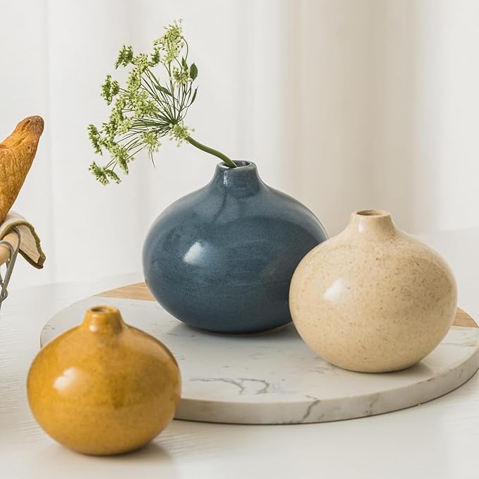 Ceramic Vase Set of 3,Small Vase for Home Decor,Mini Flower Vase, Decorative Vase for Table Living Room,Bedroom, Kitchen, Bathroom, Bookshelf-Ruum Studio Home