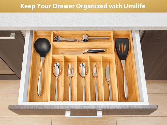Umilife Large Expandable Kitchen Silverware Utensils Drawer Organizer, 2.5" Extra High Adjustable Drawer Divider with Curved Grooves, Bamboo Wood Cutlery Tray Flatware Holder-Ruum Studio Home