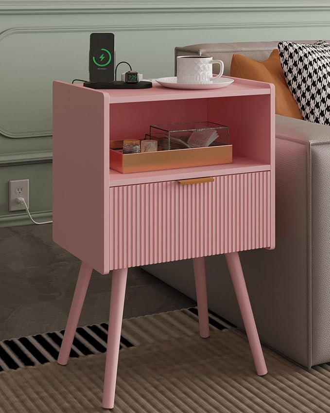 Nightstand,Modern Bedside Table with Storage Drawer and Open Wood Shelf, Accent Night Stand with Solid Wood Legs for Living Room, Bedroom and Small Spaces,Easy Assembly (Pink-Outlet)-Ruum Studio Home
