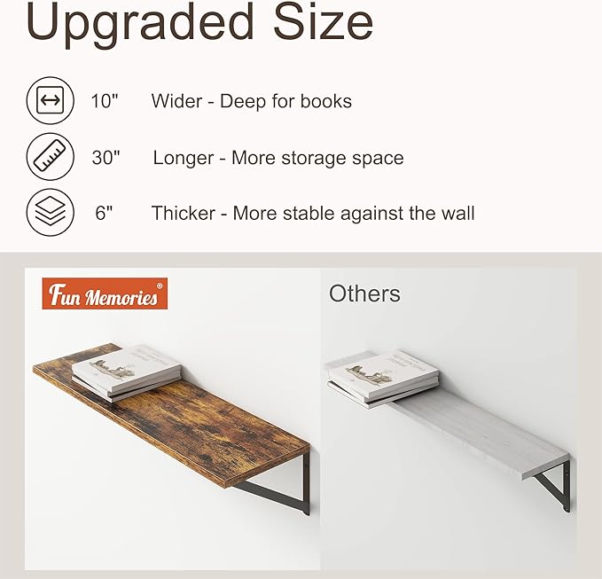 10 Inch Deep Floating Shelves, Floating Shelves 30 Inch Long, Rustic Wood Wall Shelves 30"W x 10"D, Deep Floating Shelf with Bracket, Wide Storage Shelves for Living Room, Bathroom, Rustic Brown-Ruum Studio Home