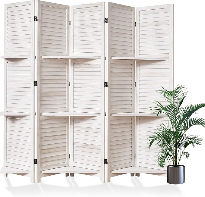 Partition Room Dividers, Folding Wood Privacy Screen with Three Display Shelves Suitable for Home Office, Study, Art Display - 5 Panel, 67 * 64inch (White-Washed)-Ruum Studio Home