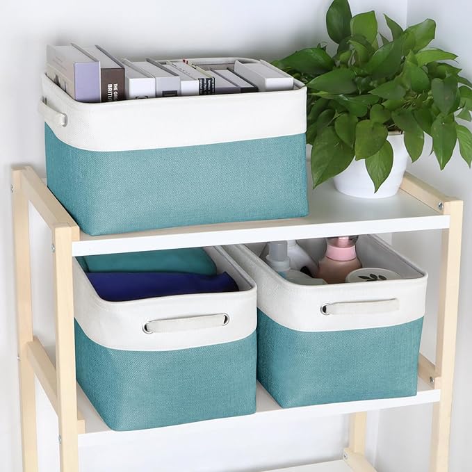 Kntiwiwo Foldable Storage Bins 15" x 10" x 9.5" Fabric Storage Basket Cube with Handles Large Linen Closet Organizer Bins for Organizing Shelf Home, Set of 3, Teal-Ruum Studio Home