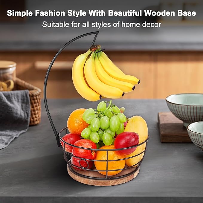 Livabber Countertop Fruit Basket Bowl with Banana Hanger, Modern Standing Fruit Vegetable Bowl Storage, with Banana Tree Holder for Kitchen Dinning Table (Round Wood, Black)-Ruum Studio Home
