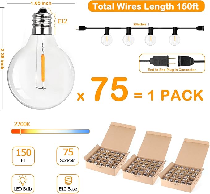 150FT LED Globe Outdoor String Lights, Dimmable Patio With 75+2 G40 Shatterproof Bulbs, Waterproof Outside Hanging, 2200K Commercial Backyard for Porch Bistro Party Balcony Garden-Ruum Studio Home