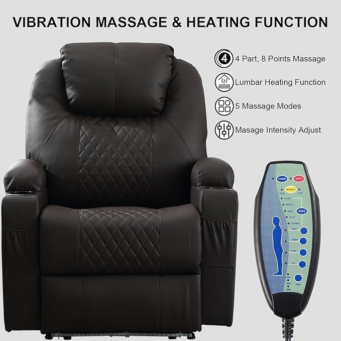 Power Recliner Chair with Heat and Massage, PU Leather Home Theater Seating with LED Lights/Cup Holders/Side Pocket/USB Port, Reclining Sofa Chair for Living Room (1, Brown)-Ruum Studio Home