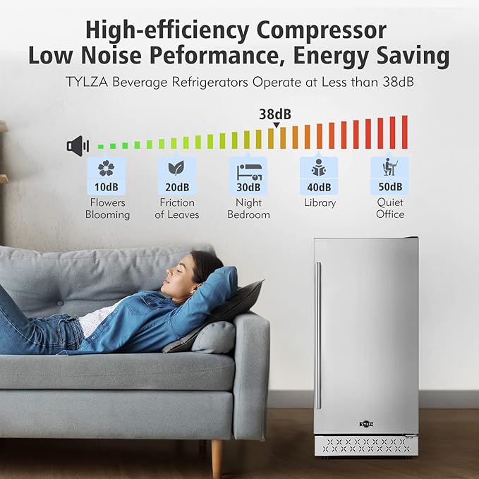 Tylza Beverage Refrigerator 15 Inch Wide, Mini Fridge Stainless Steel Under Counter Beverage Cooler, 130 Cans Beer Fridge with Built-in and Freestanding Beverage Fridge-Ruum Studio Home